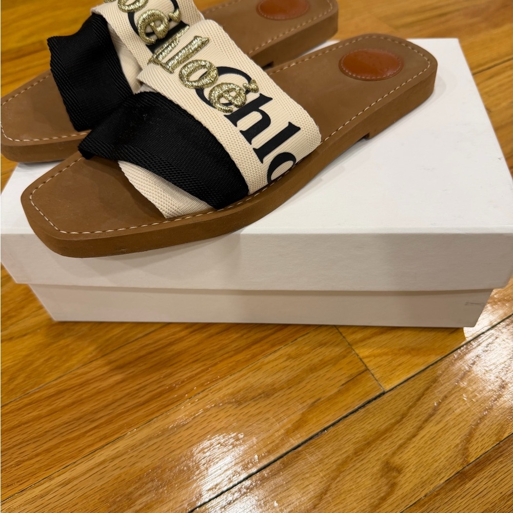 Chloé Woody Logo Slides Sandals Black/Cream Size 40 - Picture 3 of 6